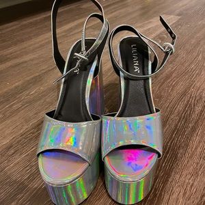 Dolls Kill Liliana silver holographic platform heels